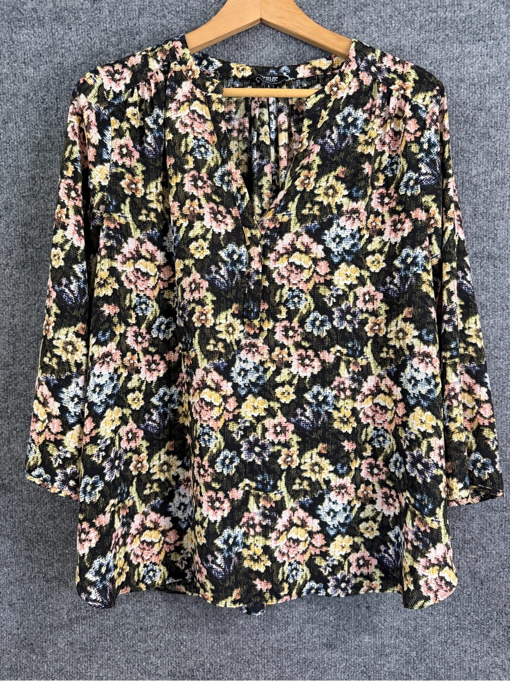 NYDJ Womens Floral Top Size Large Black Multicolor 3/4 Sleeve Office Casual